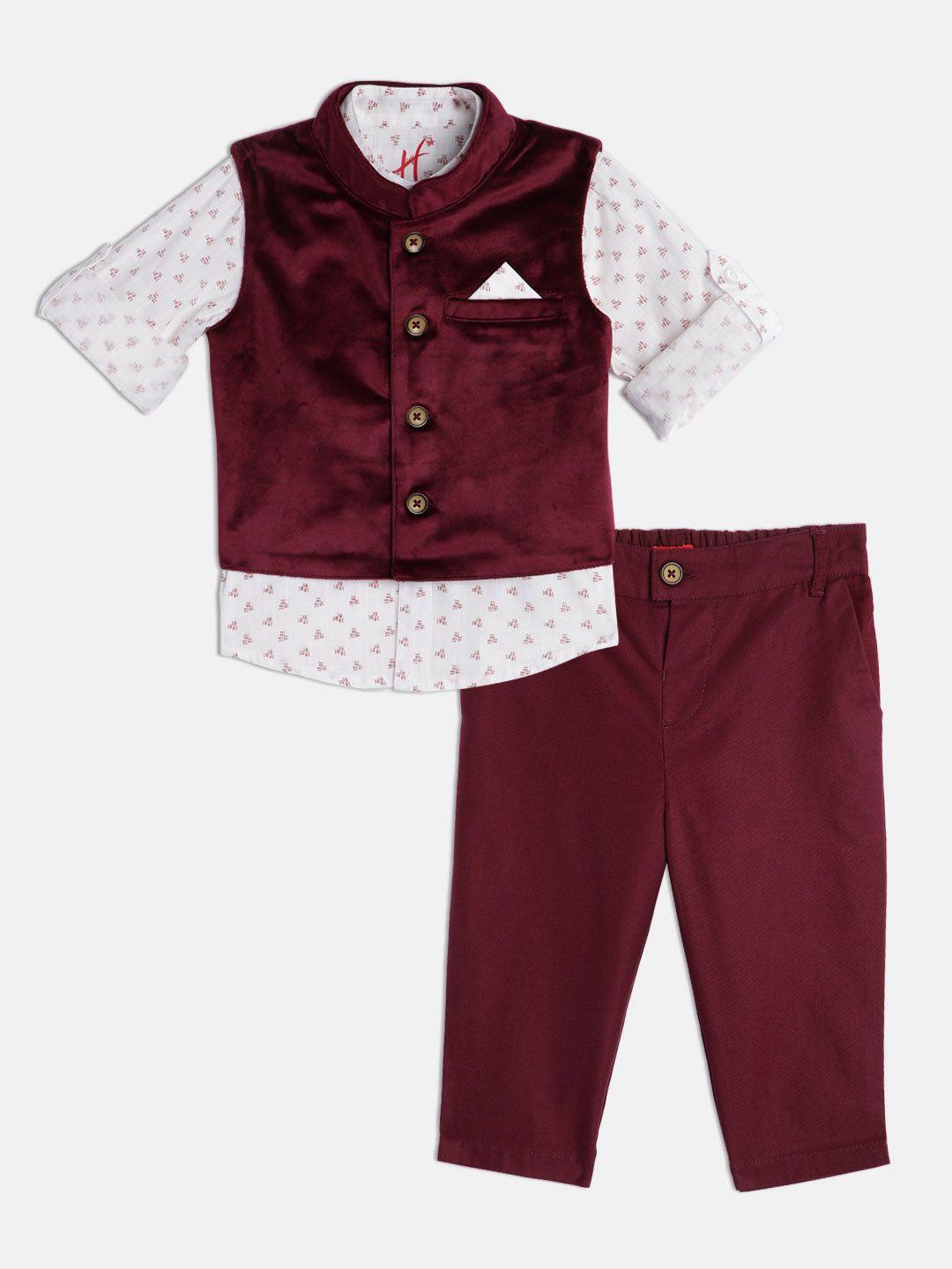 h by hamleys boys maroon & white cotton shirt with trousers & waistcoat
