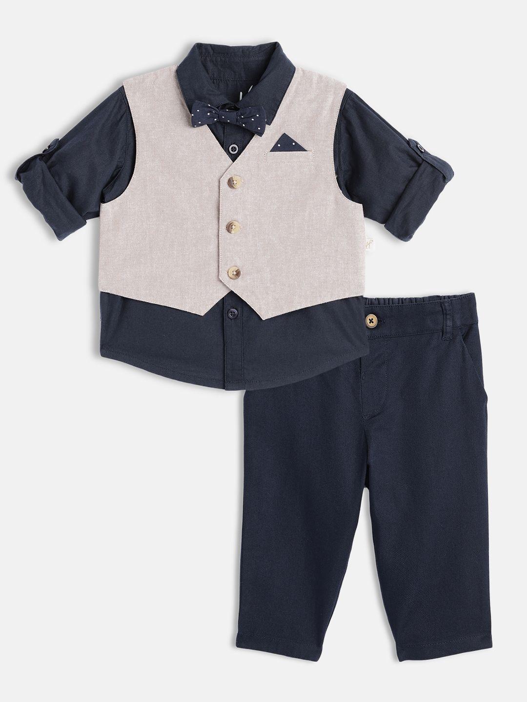 h by hamleys boys navy blue & beige cotton shirt with trousers & waistcoat