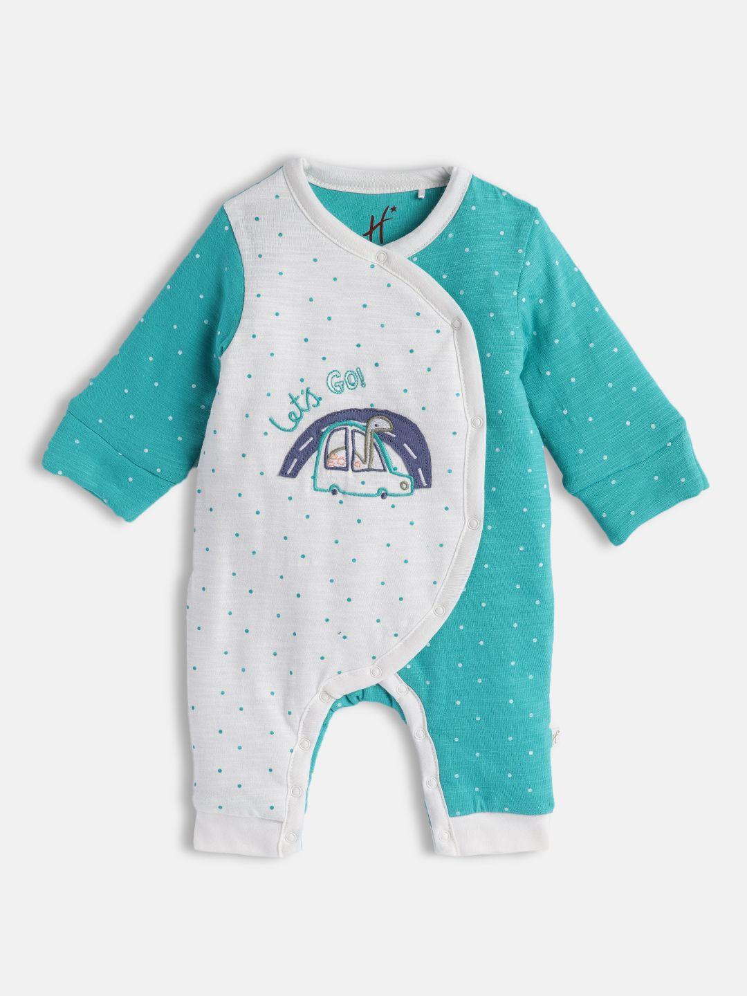 h by hamleys boys turquoise blue & white polka dots print embroidered pure cotton rompers