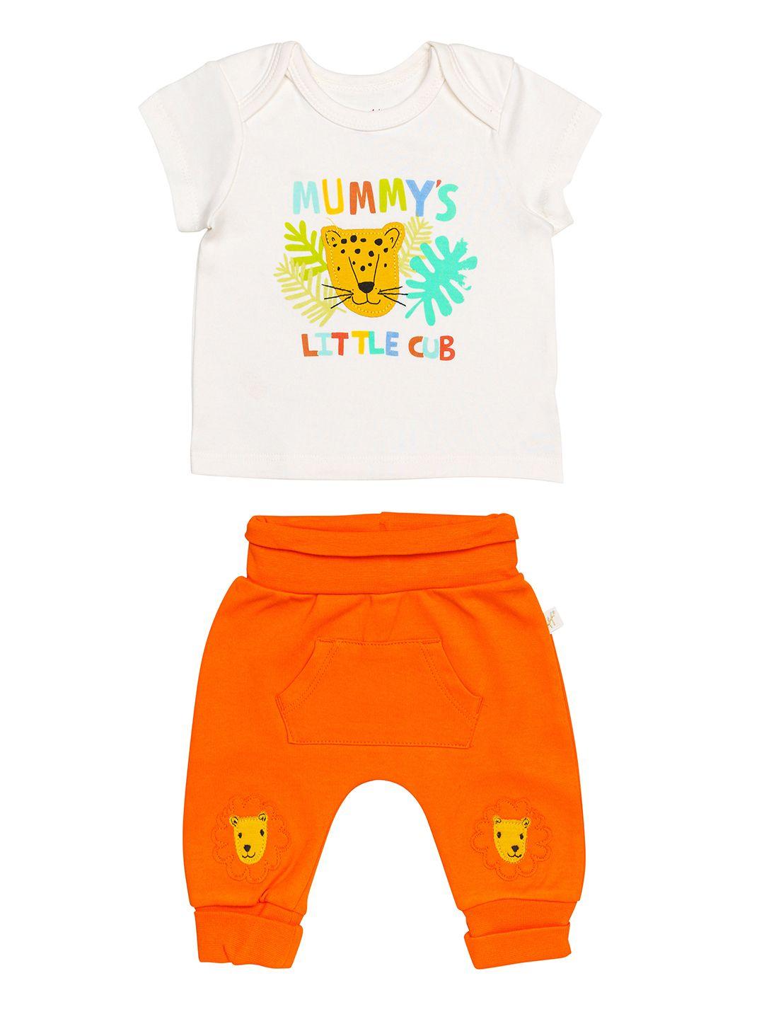 h by hamleys infant boys white & orange graphic printed pure cotton t-shirt with trousers