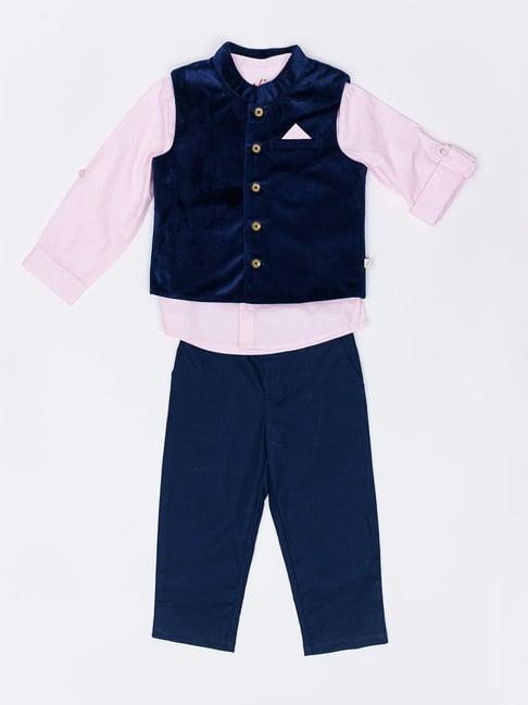h by hamleys infants boys blue & pink solid full sleeves waistcoat, shirt & shorts