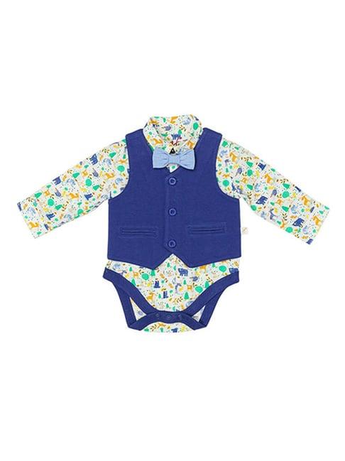 h by hamleys infants boys blue & white printed full sleeves waistcoat, bodysuit & bow