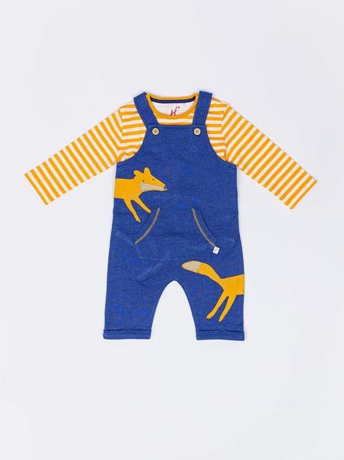 h by hamleys infants boys blue & yellow printed full sleeves bodysuit with dungaree