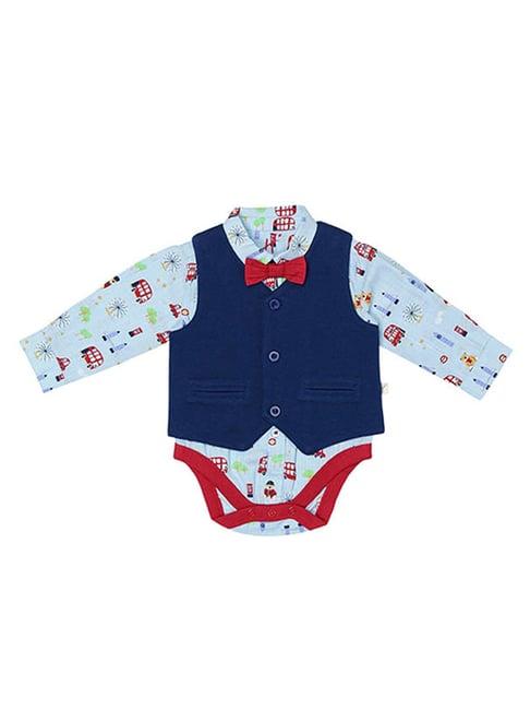 h by hamleys infants boys blue printed full sleeves waistcoat, bodysuit with bow