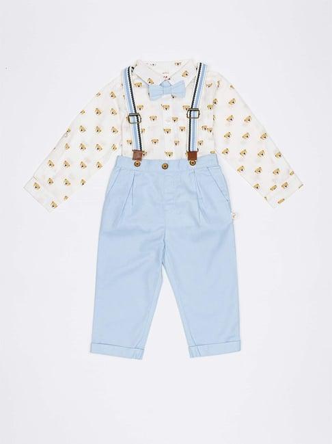 h by hamleys infants boys white & blue printed full sleeves shirt with dungaree