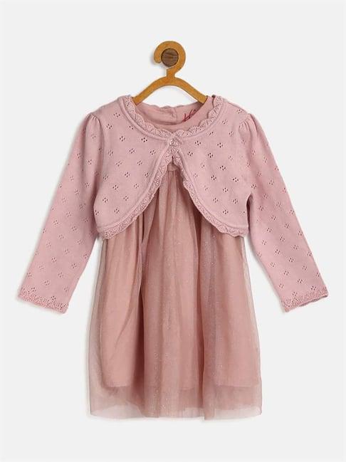 h by hamleys infants girls dusty pink self design full sleeves dress with cardigan