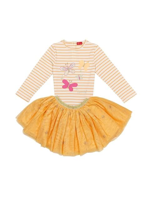 h by hamleys infants girls off white & orange striped full sleeves t-shirt with skirt