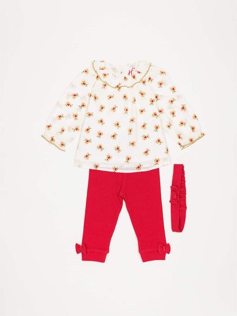 h by hamleys infants unisex white & red printed full sleeves top, leggings & headband