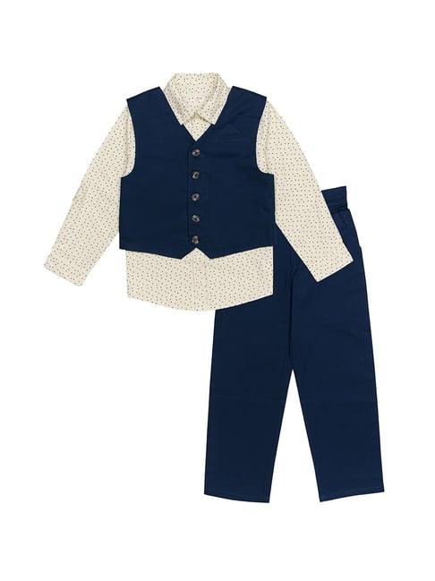 h by hamleys kids cream & navy printed full sleeves shirt, waistcoat with pants