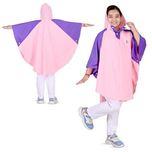 hacer aqua kids raincoat poncho waterproof full sleeve rain jacket with hood and pockets for boys & girls- (pink & violet, free size, 1 pc, storage bag)