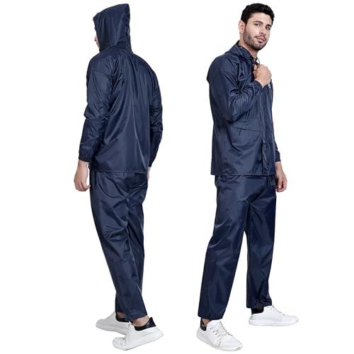 hacer fantasy raincoat with pants for men waterproof full length hood & pockets rainwear for gents & boys carry bag included- (navy blue, size- xxl, 1 pc)