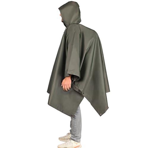 hacer poncho raincoat waterproof rainwear adult lightweight hooded unisex cape for hiking camping emergency- khaki