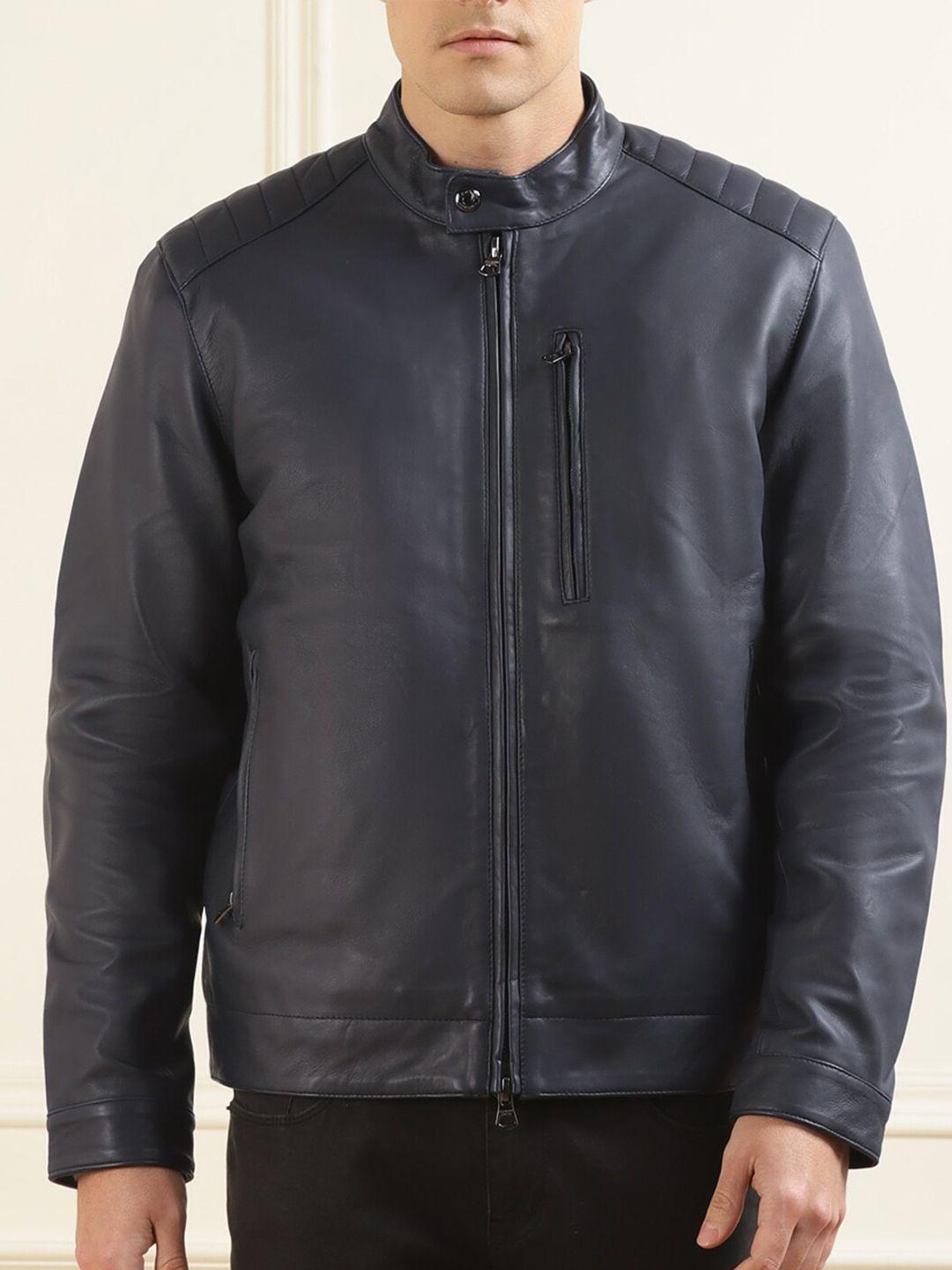 hackett london stand collar leather jacket