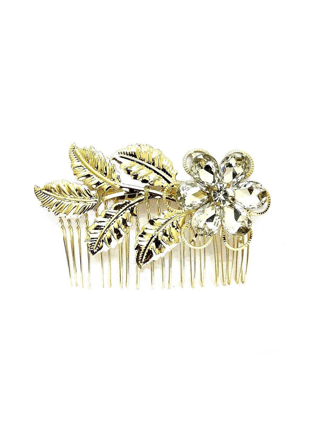 hair flare women gold-toned stone studded floral comb pin
