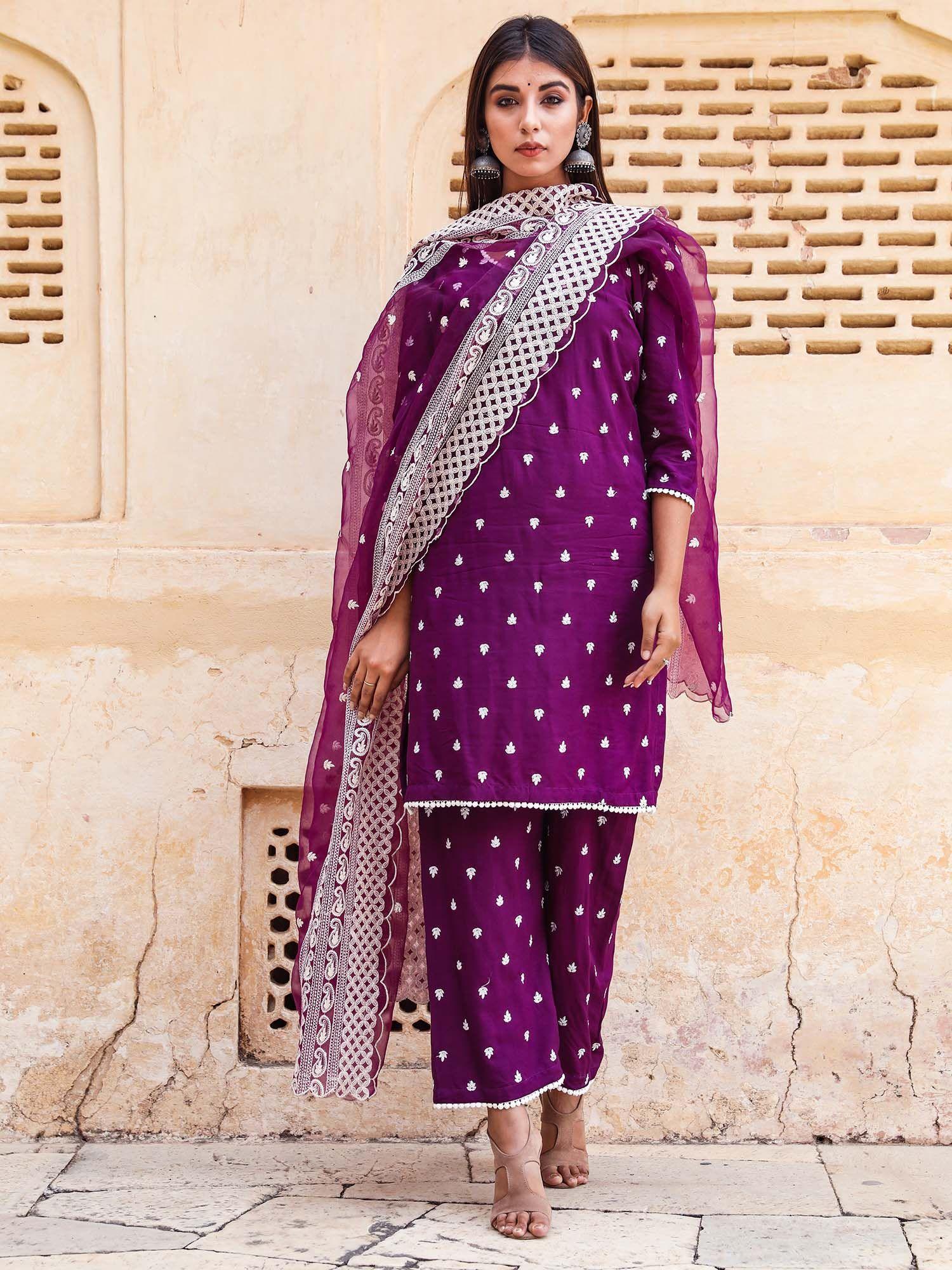 hairat purple straight kurta and pant with dupatta (set of 3)