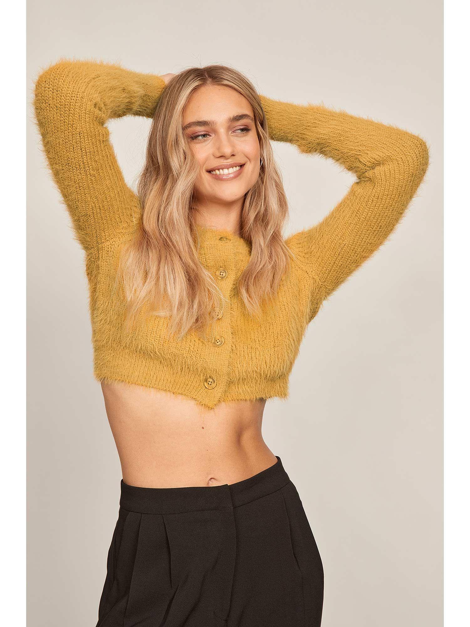 hairy knitted short cardigan - yellow