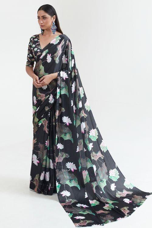 haiti black satin crepe saree