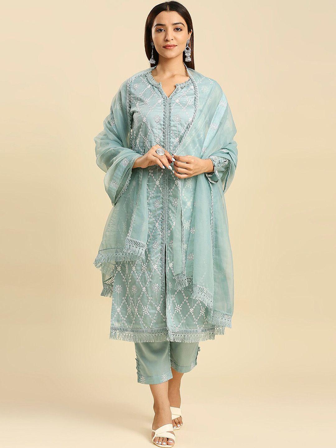 hakoba ethnic motifs embroidered thread work chanderi silk kurta with trousers & dupatta