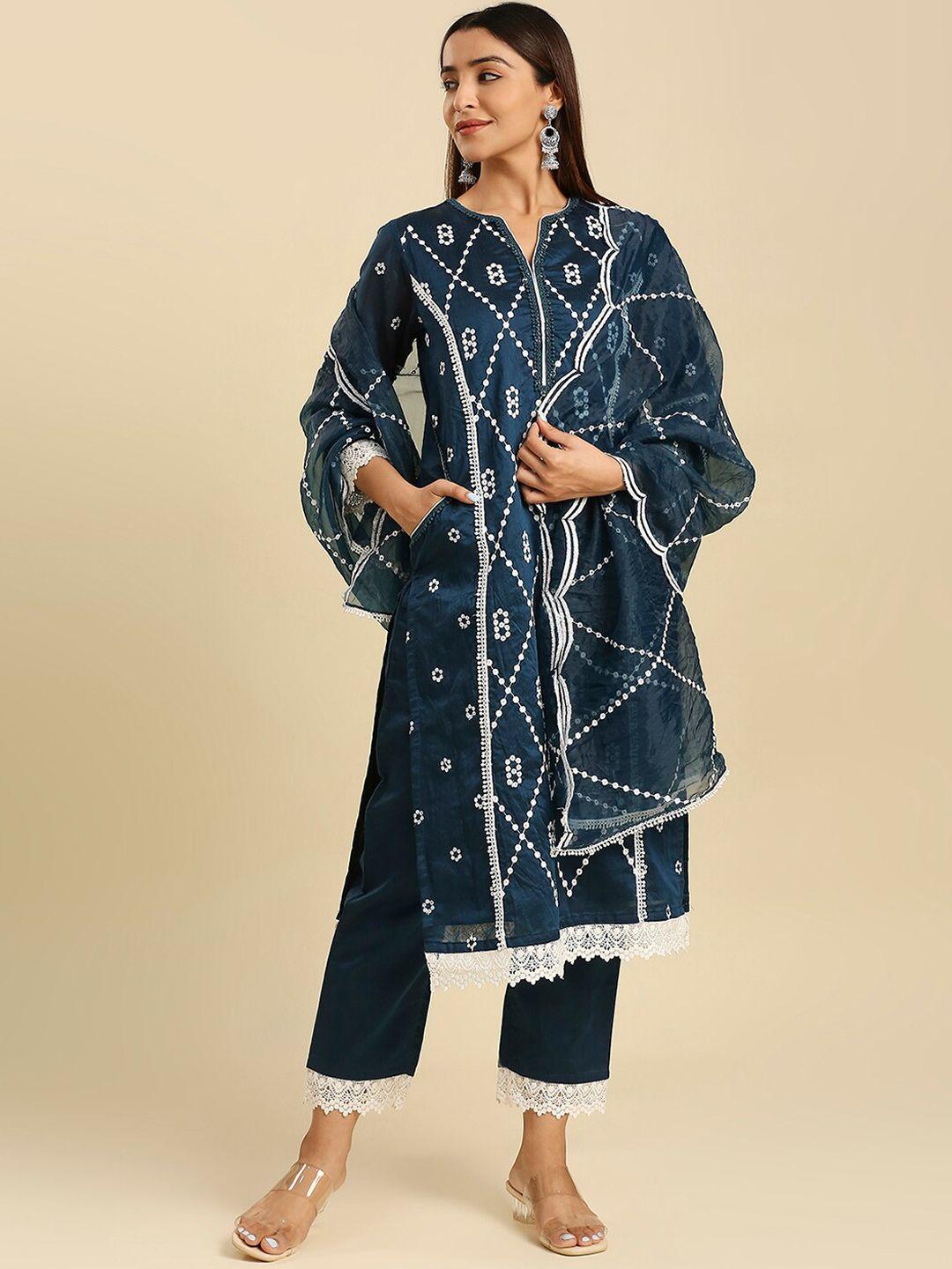 hakoba floral embroidered chanderi silk kurta with pyjamas & dupatta