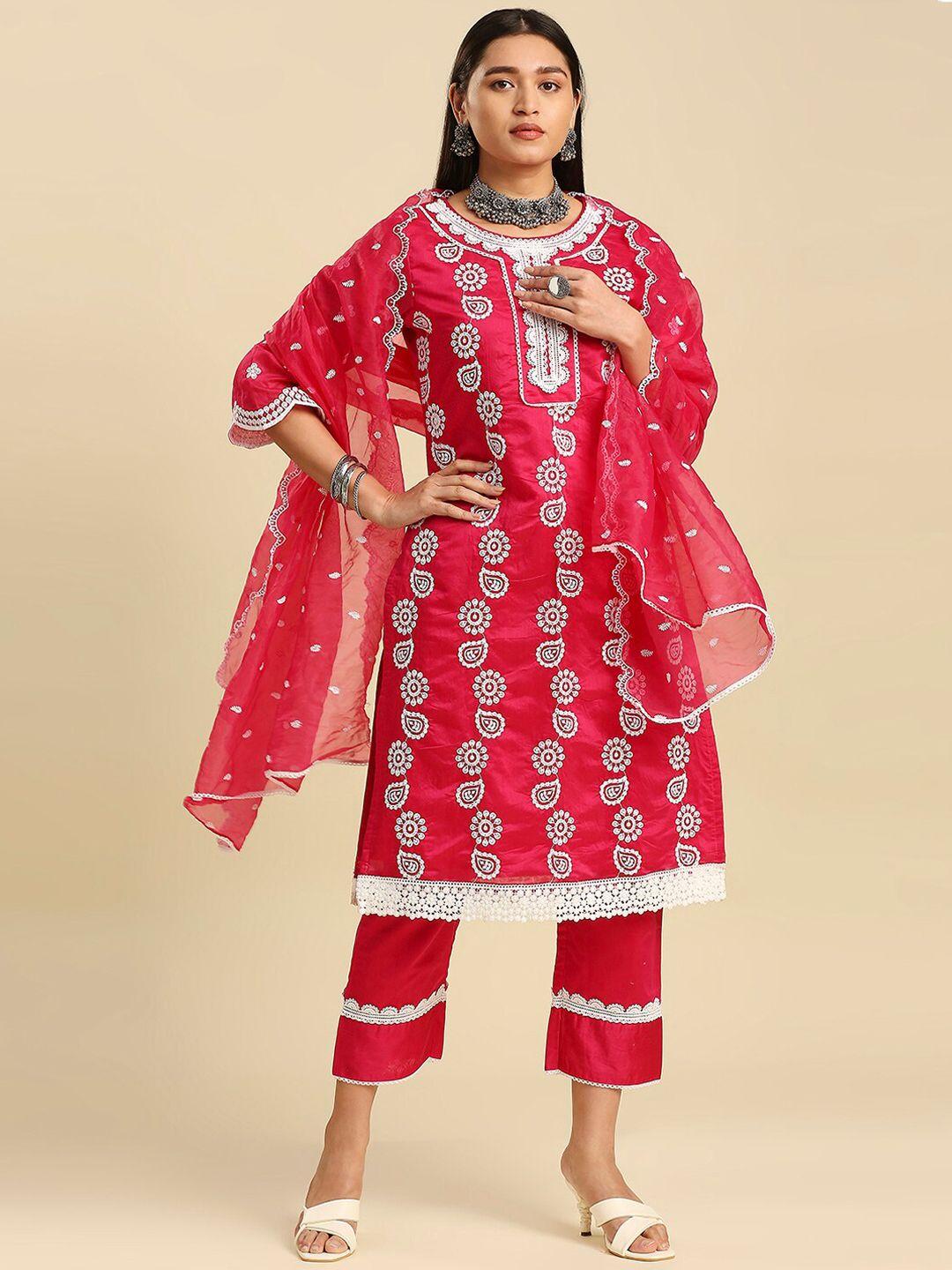 hakoba floral embroidered chanderi silk kurta with pyjamas & with dupatta