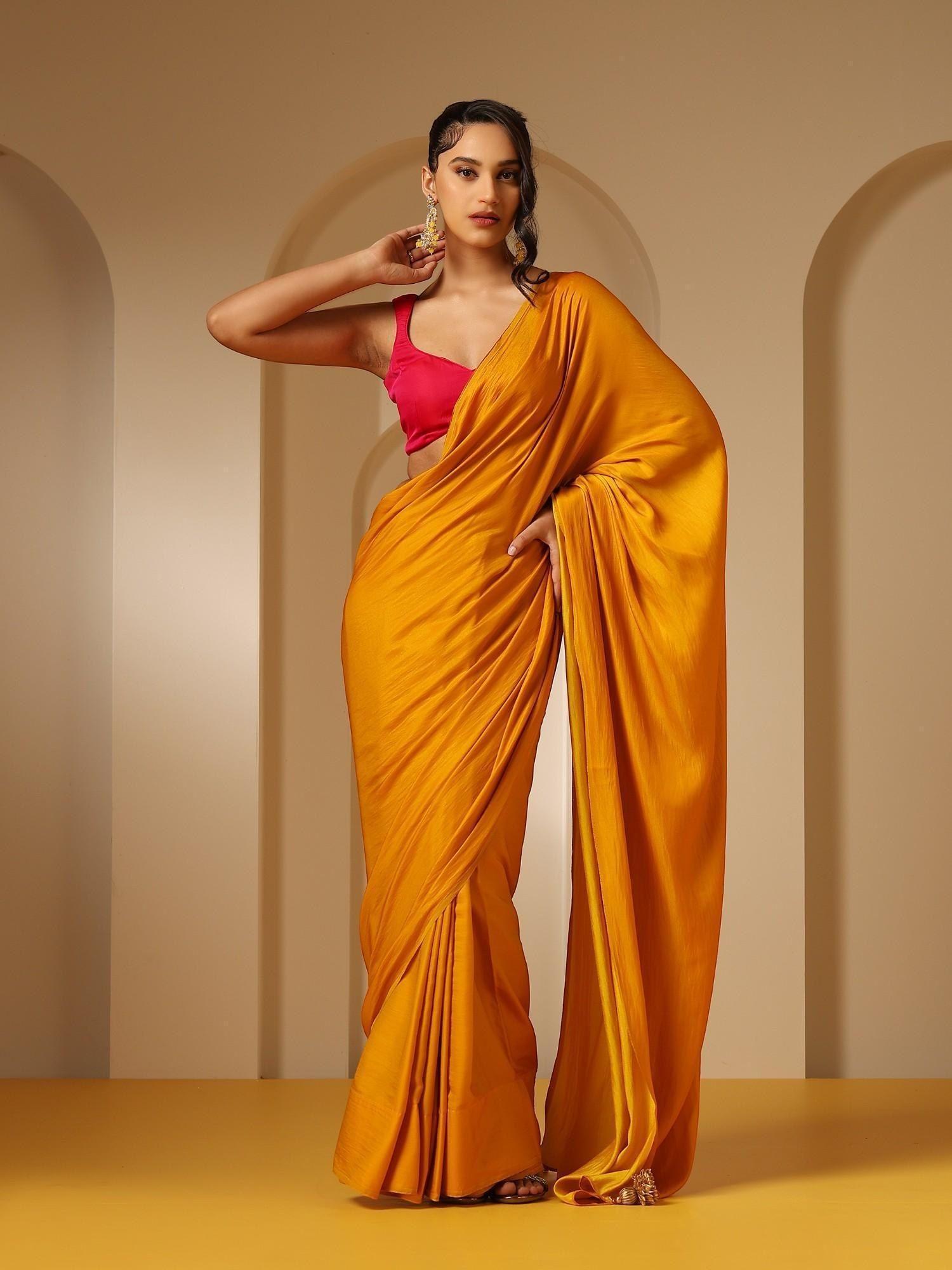 haldi yellow duall shade satin saree with fuchsia satin fabric with unstitched blouse