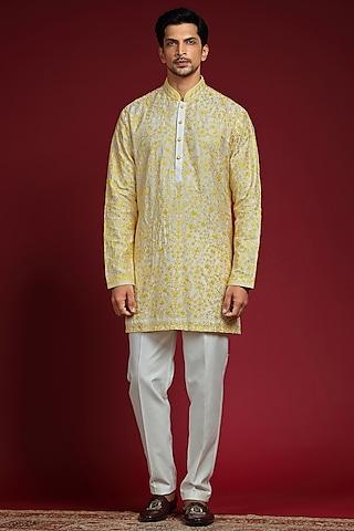 haldi yellow silk blend aari embroidered short kurta set