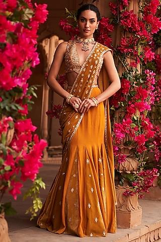 haldi yellow velvet draped saree set