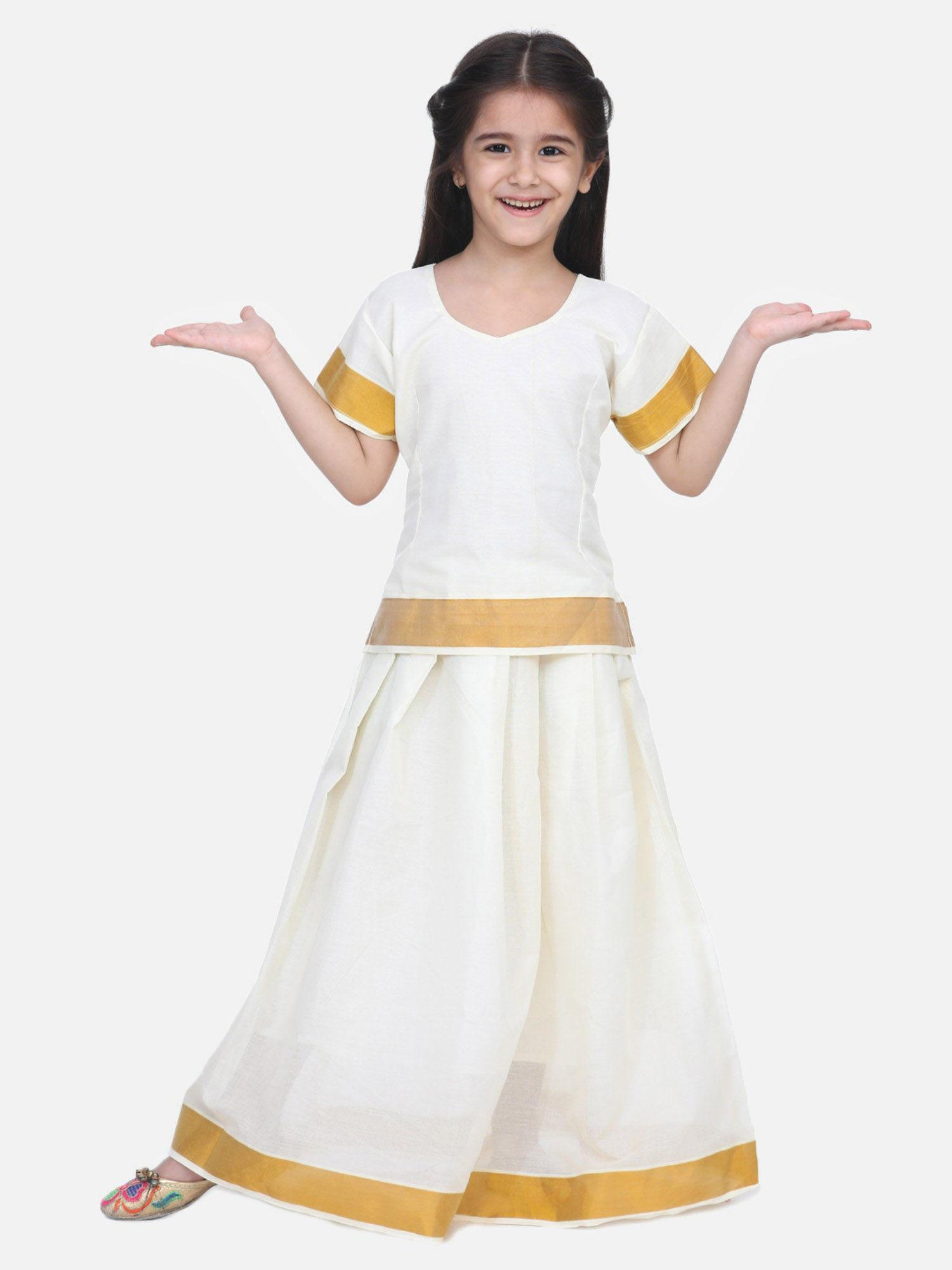 half sleeve south indian pavda pattu lehenga- white (set of 2)