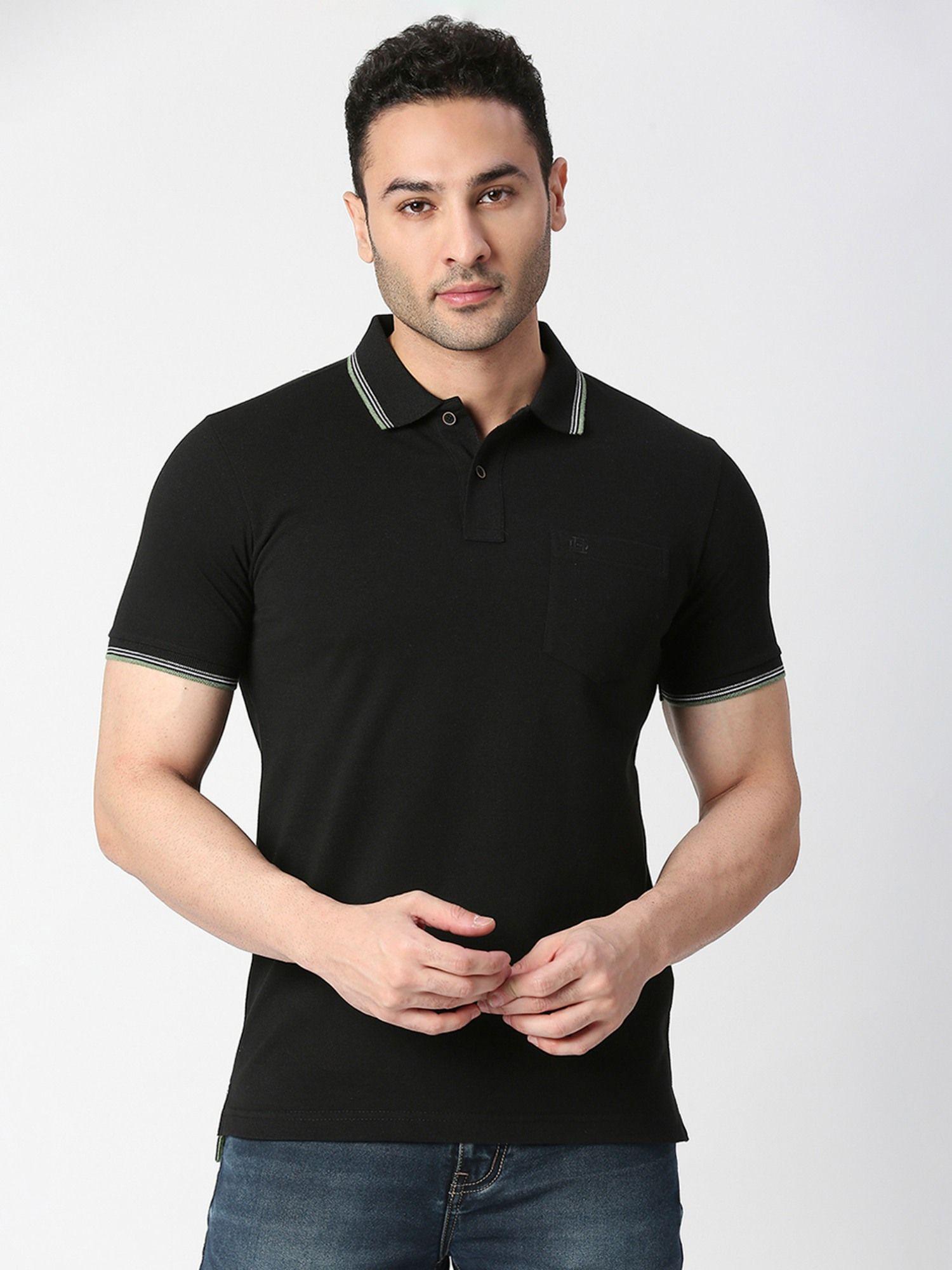 half sleeves black pique polo t-shirt with pocket