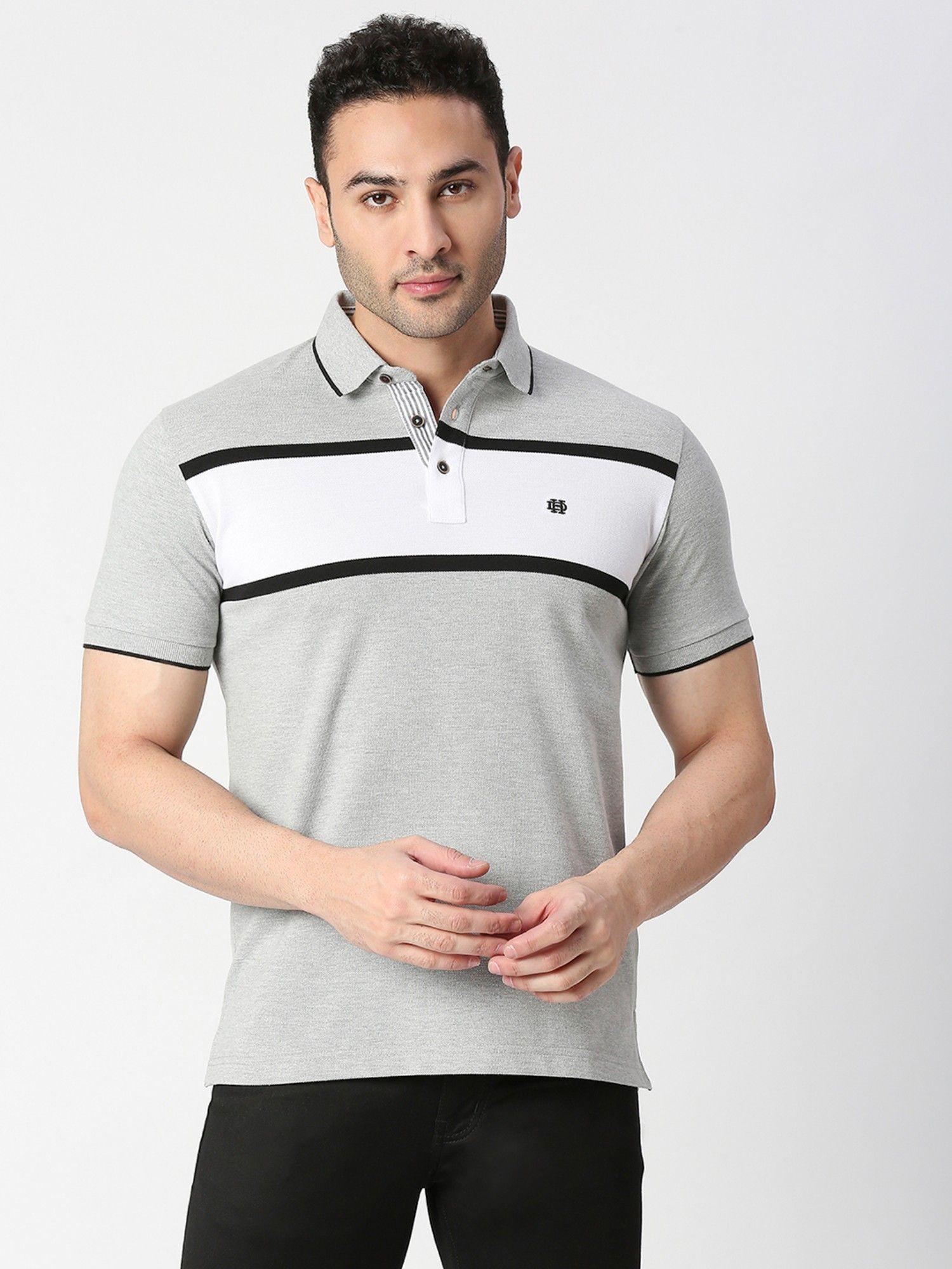 half sleeves grey melange striped pique polo t-shirt