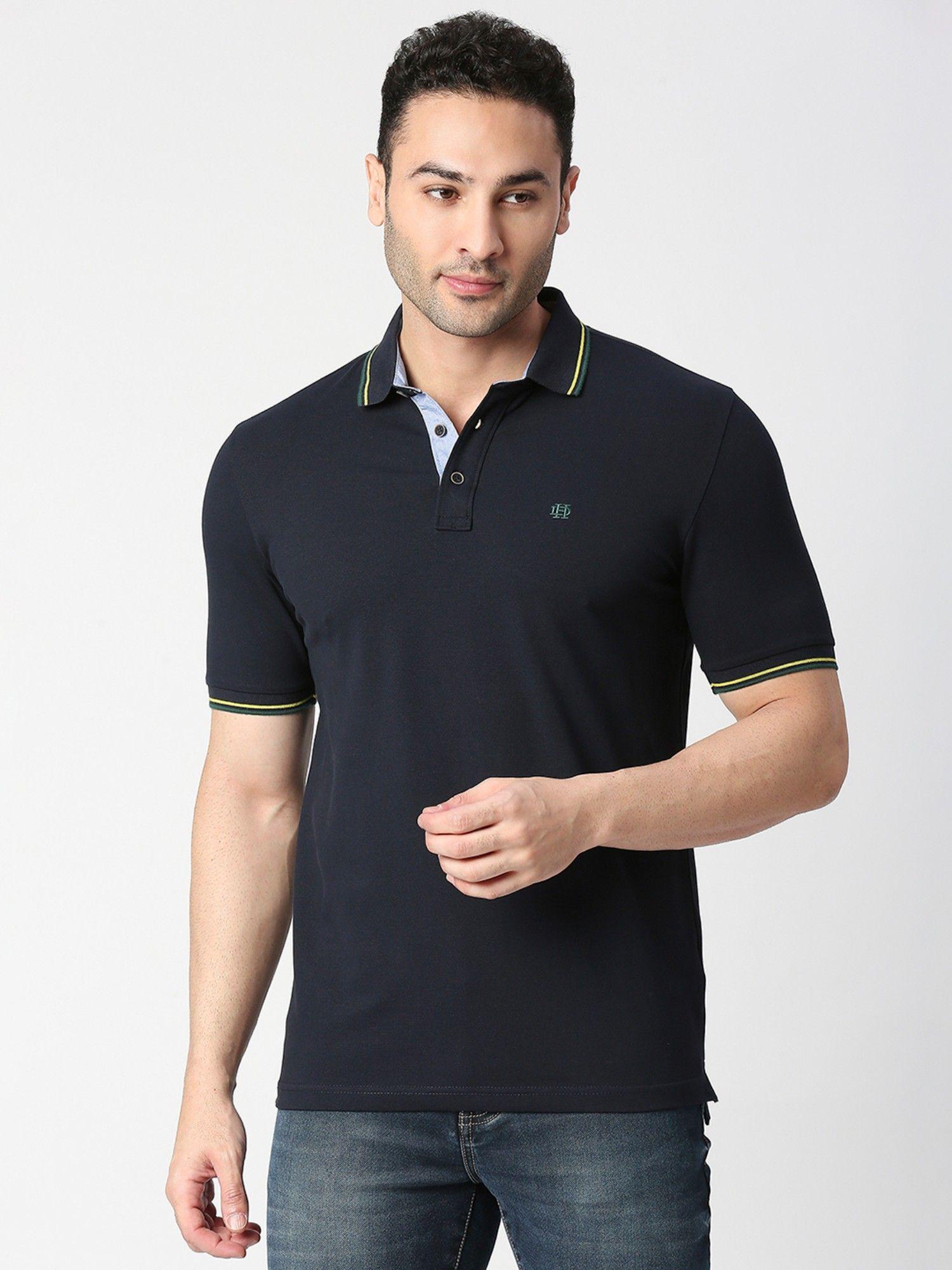 half sleeves navy blue pique polo t-shirt with tipping collar