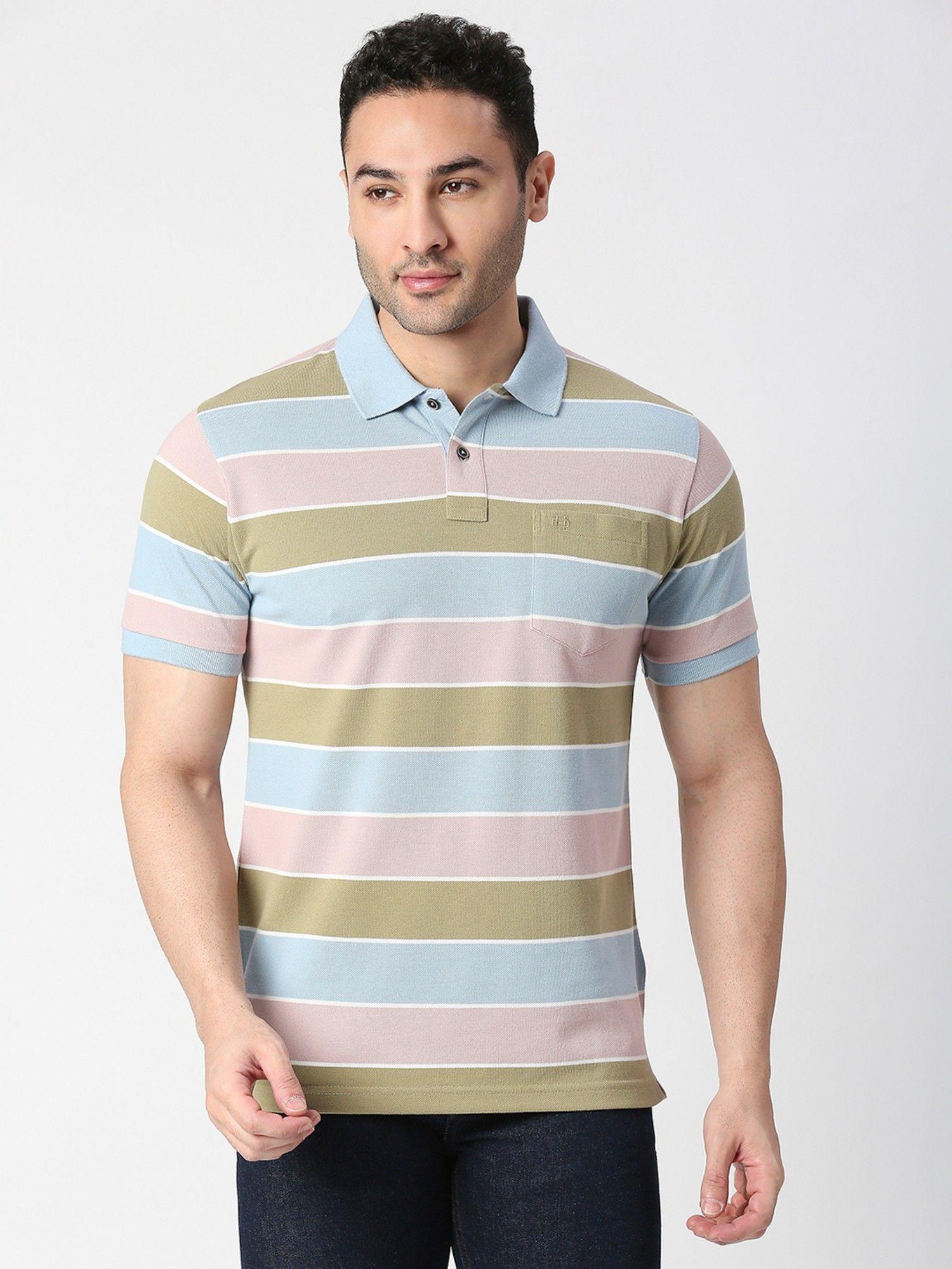 half sleeves pastel striped pique polo t-shirt with pocket