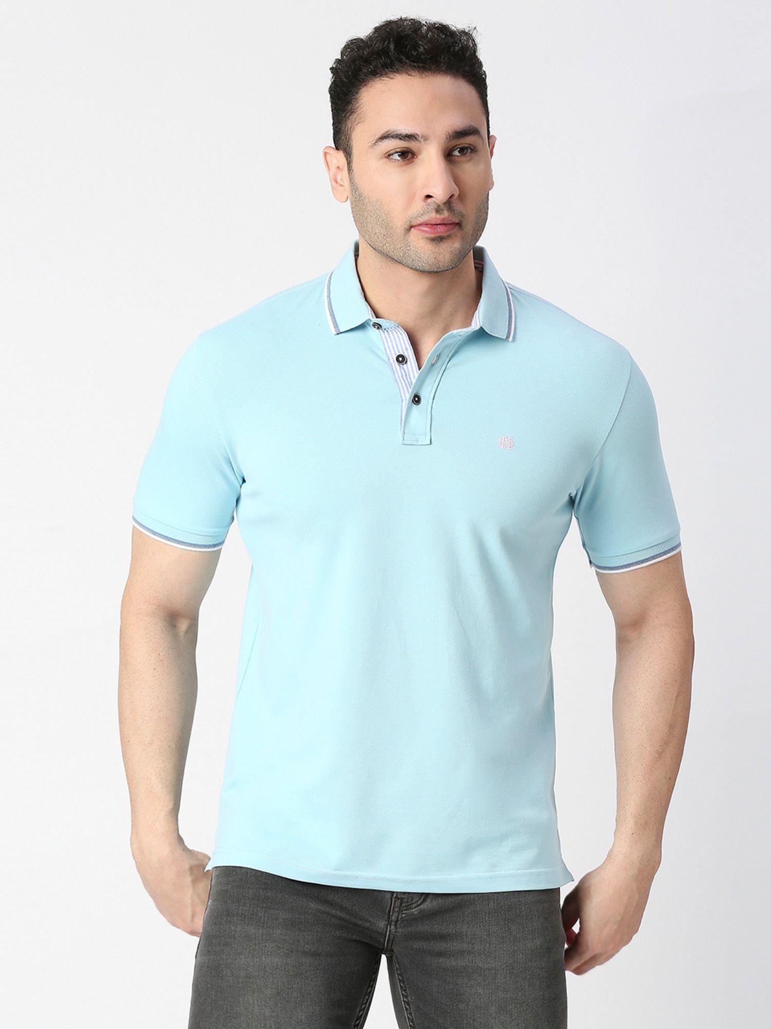 half sleeves sky blue pique lycra polo t-shirt with tipping collar