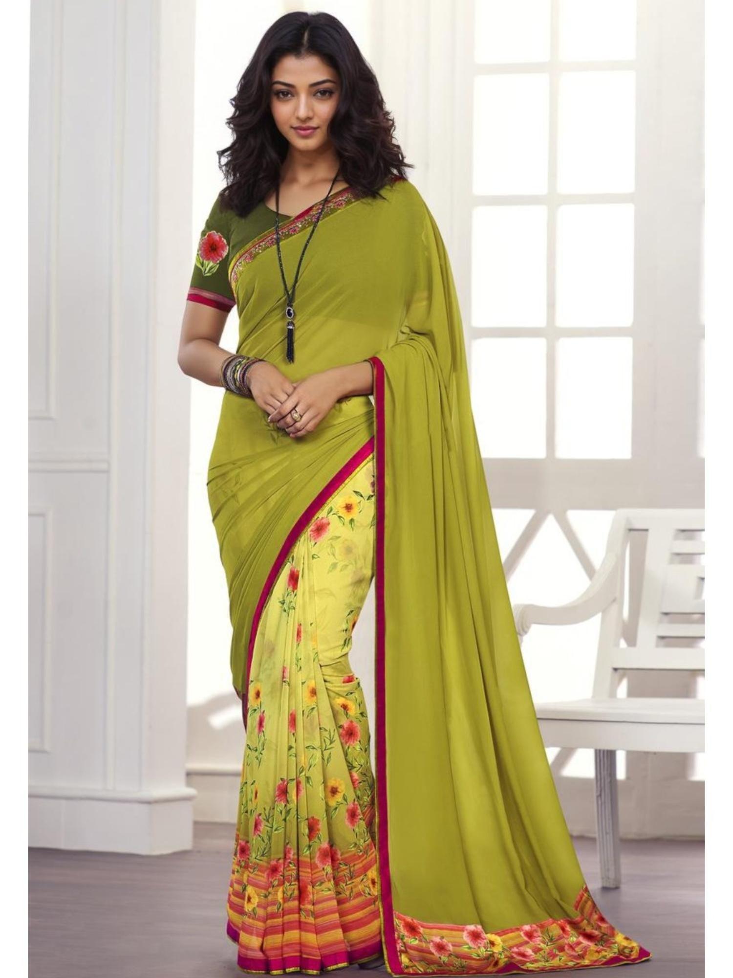 half and half printed georgette saree with lace border and unstitched blouse - lime green