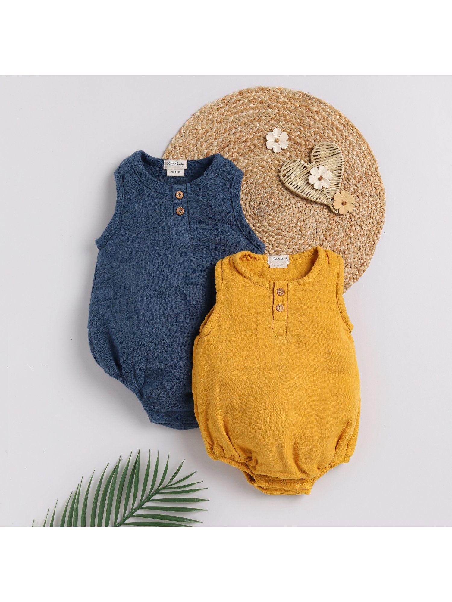 half sleeve navy & mustard bubble romper for kids (pack of 2)