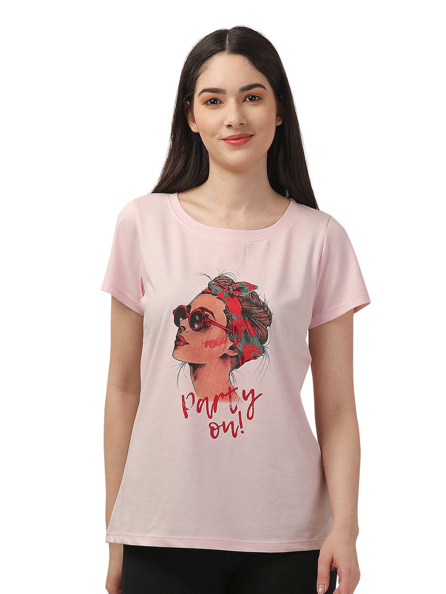 half sleeve printed soft cotton modal lounge t-shirt - pink