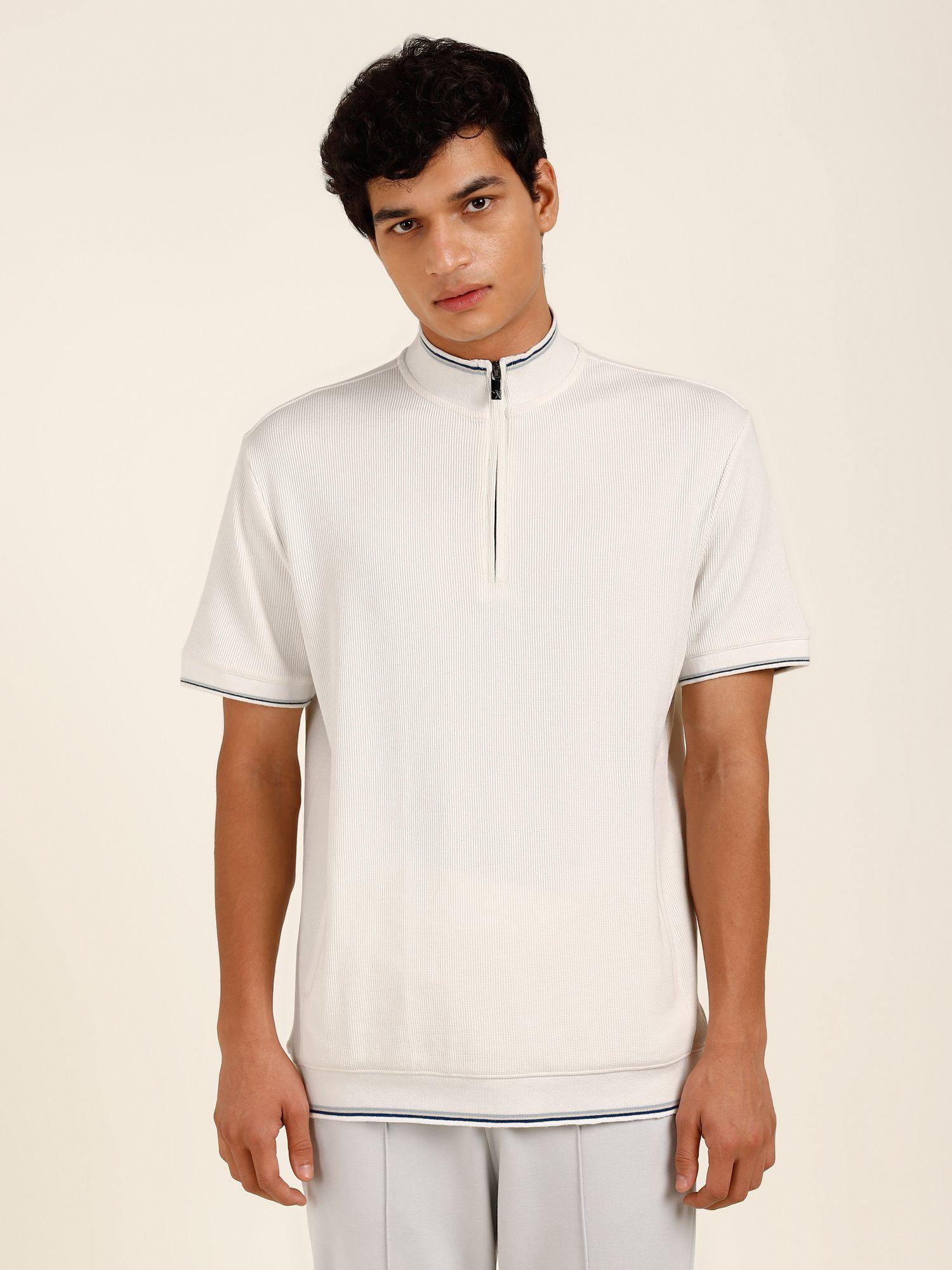 half sleeve zipped neck pullover white t-shirt