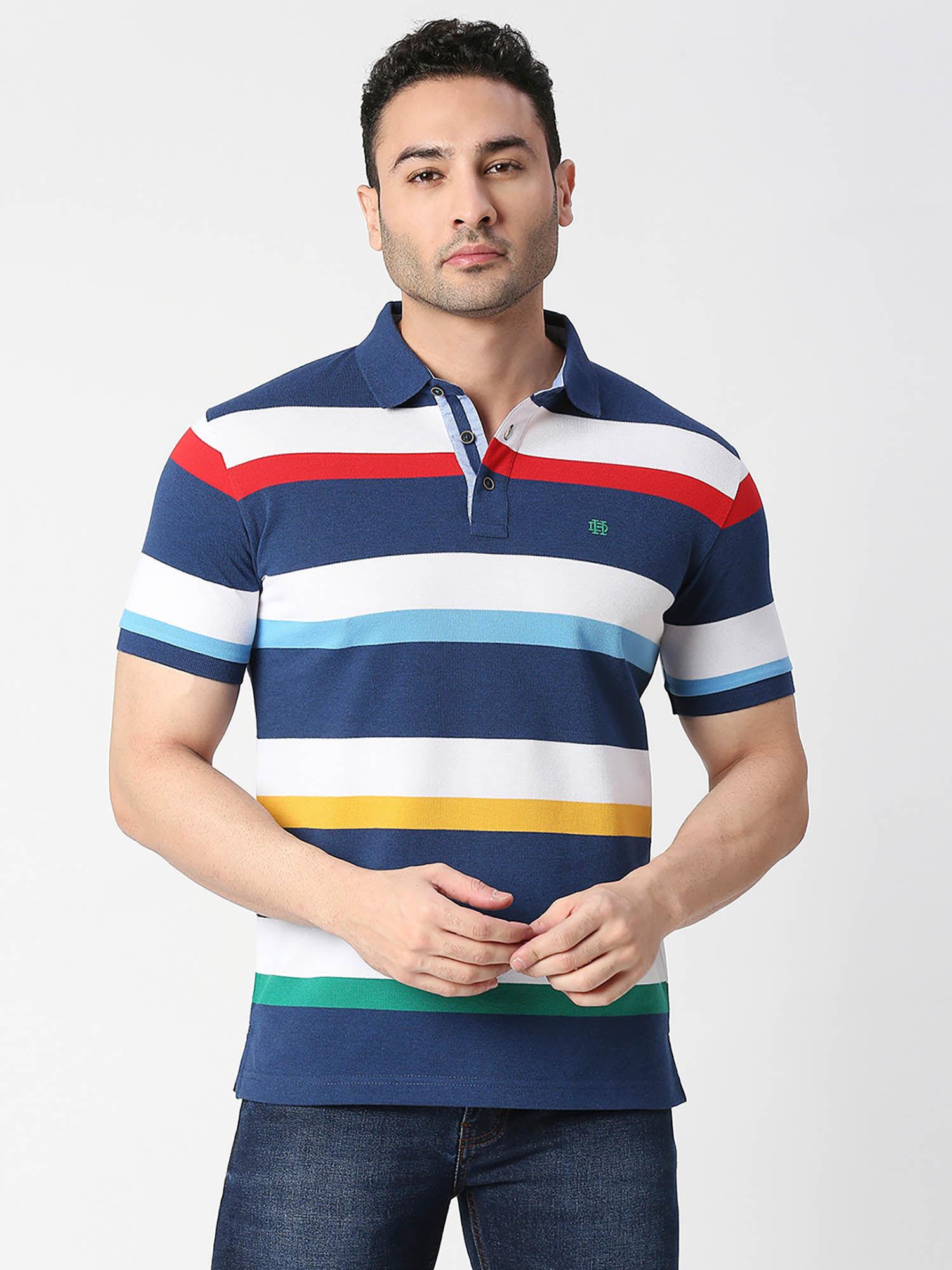 half sleeves a f blue and white pique striped polo t-shirt