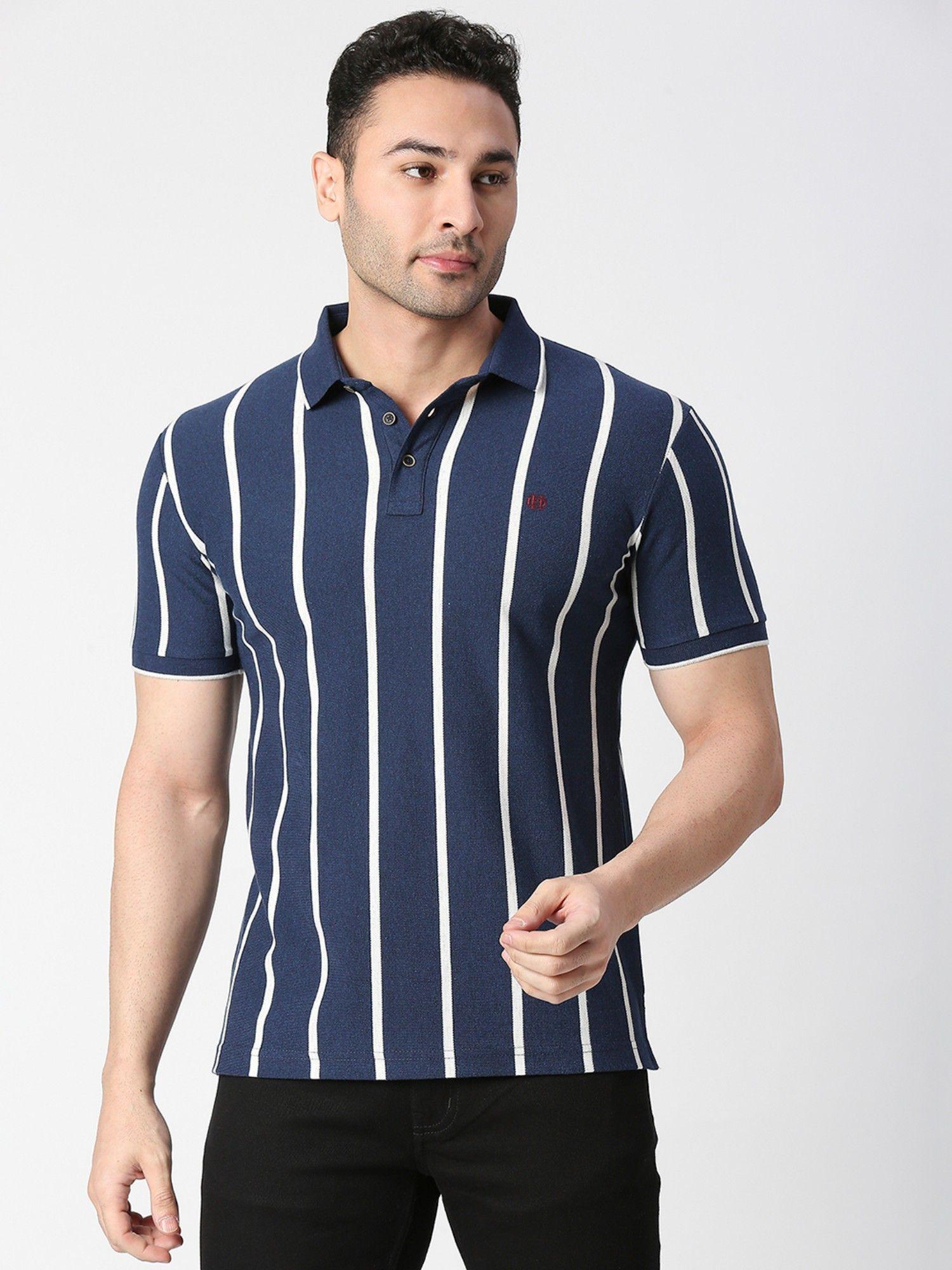 half sleeves blue melange vertical striped pique polo t-shirt