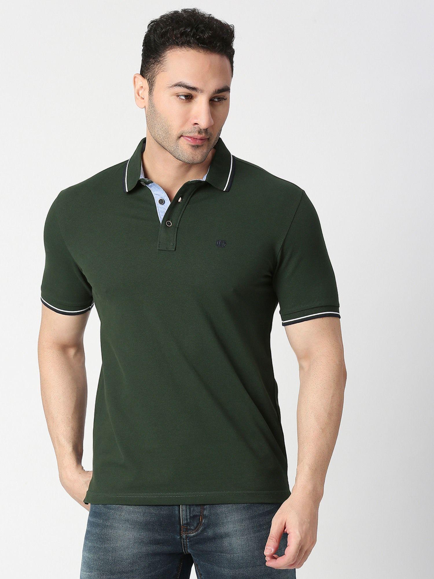 half sleeves bottle green pique lycra polo t-shirt with tipping collar