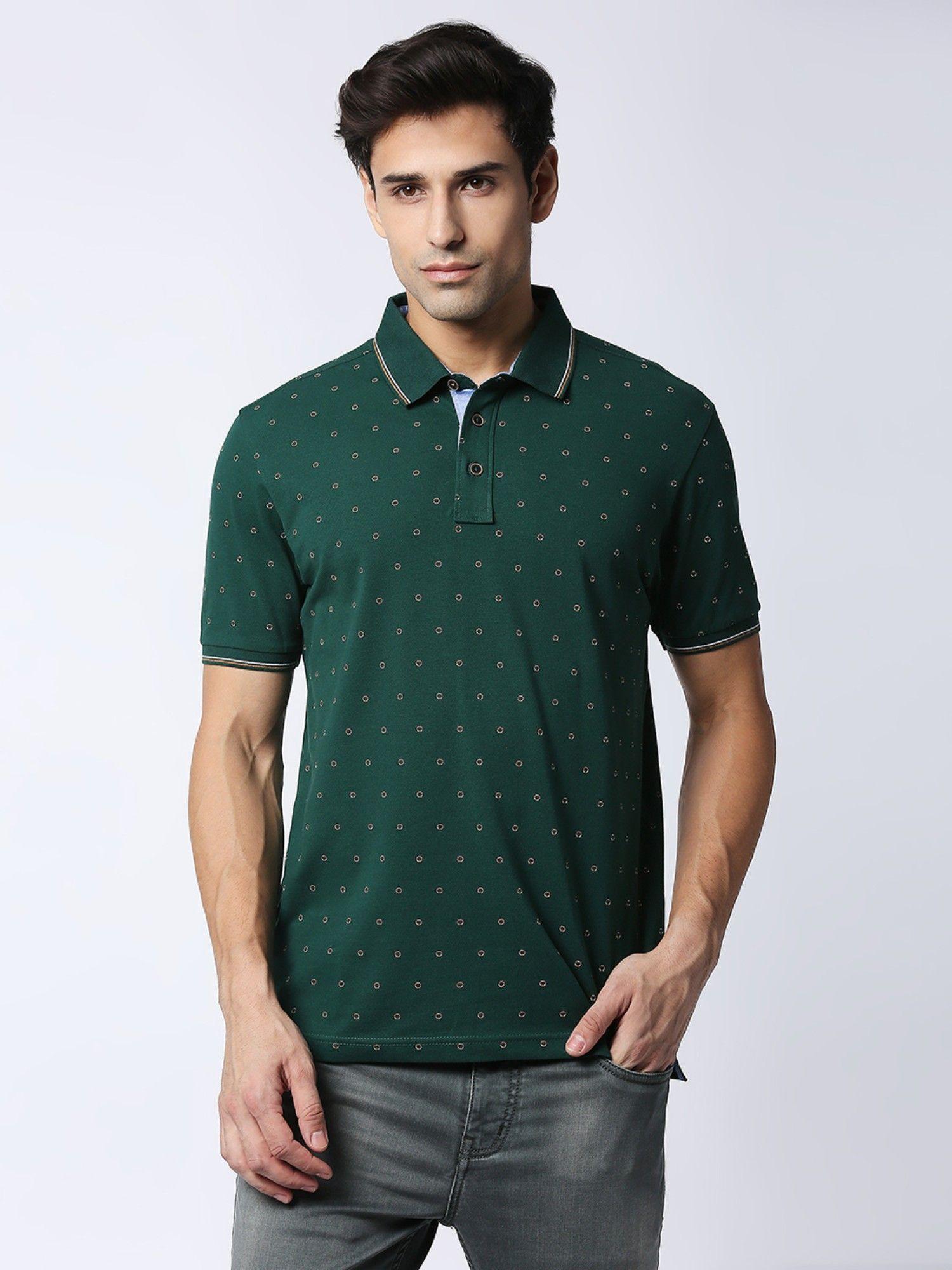 half sleeves bottle green printed cotton lycra polo t-shirt