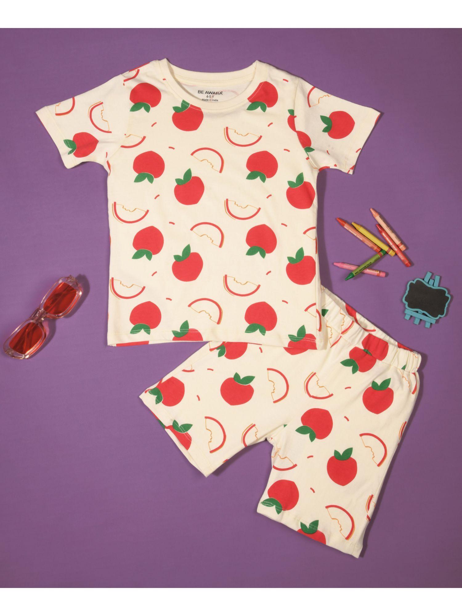 half sleeves cotton t-shirt & shorts apple print cream (set of 2)