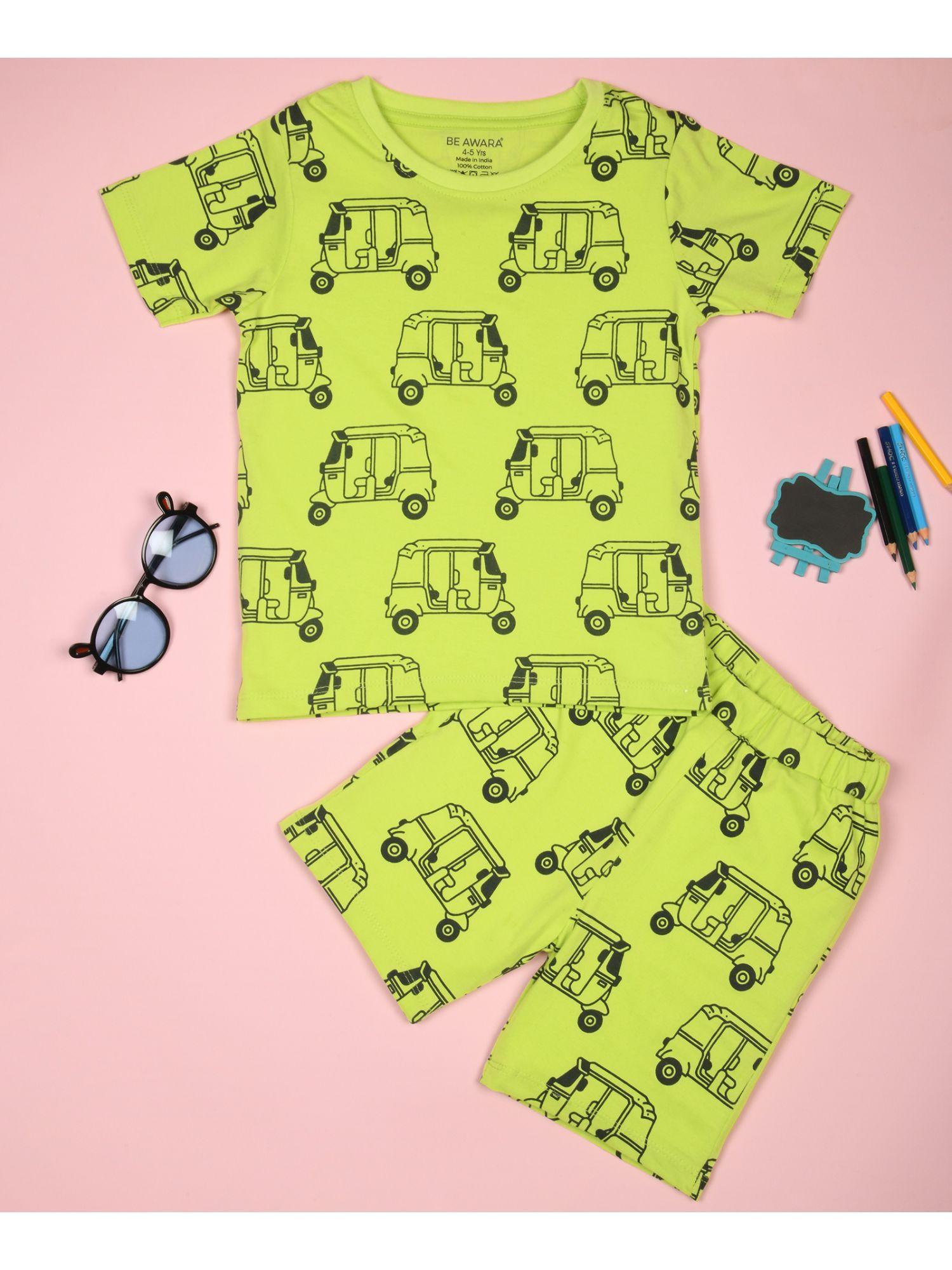 half sleeves cotton t-shirt & shorts auto rickshaw print yellow (set of 2)