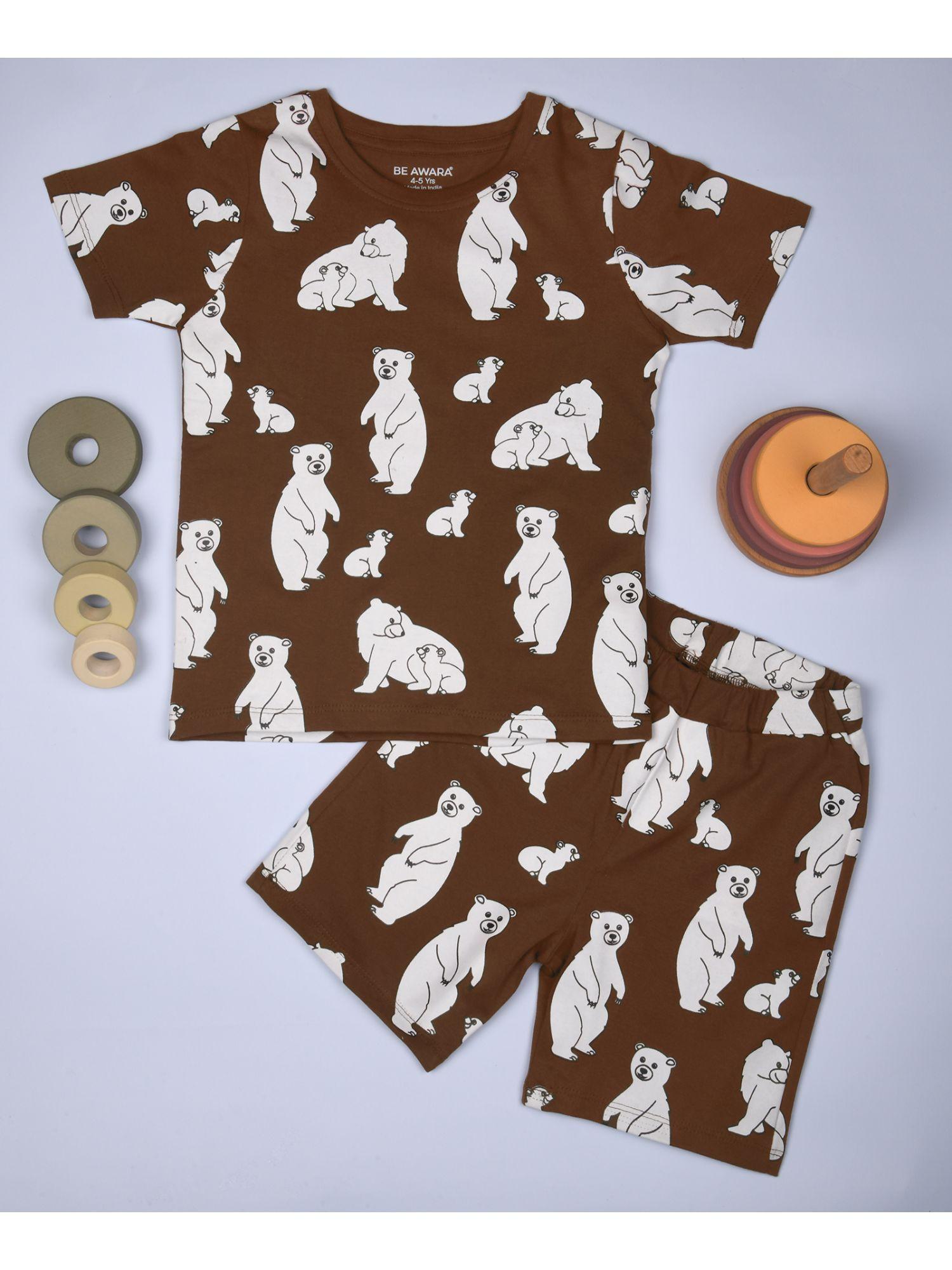 half sleeves cotton t-shirt & shorts bear print brown (set of 2)