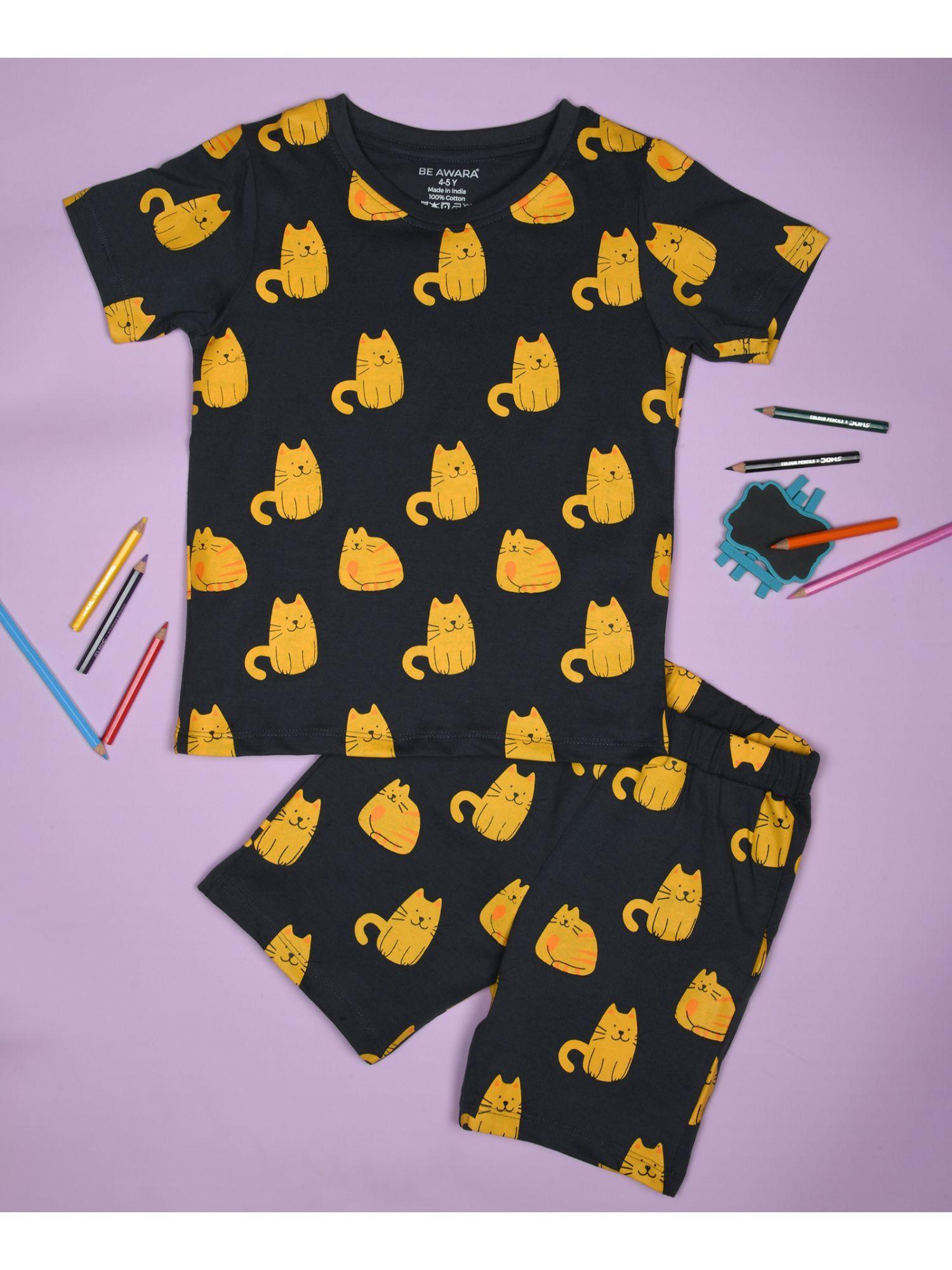 half sleeves cotton t-shirt & shorts cat print black (set of 2)