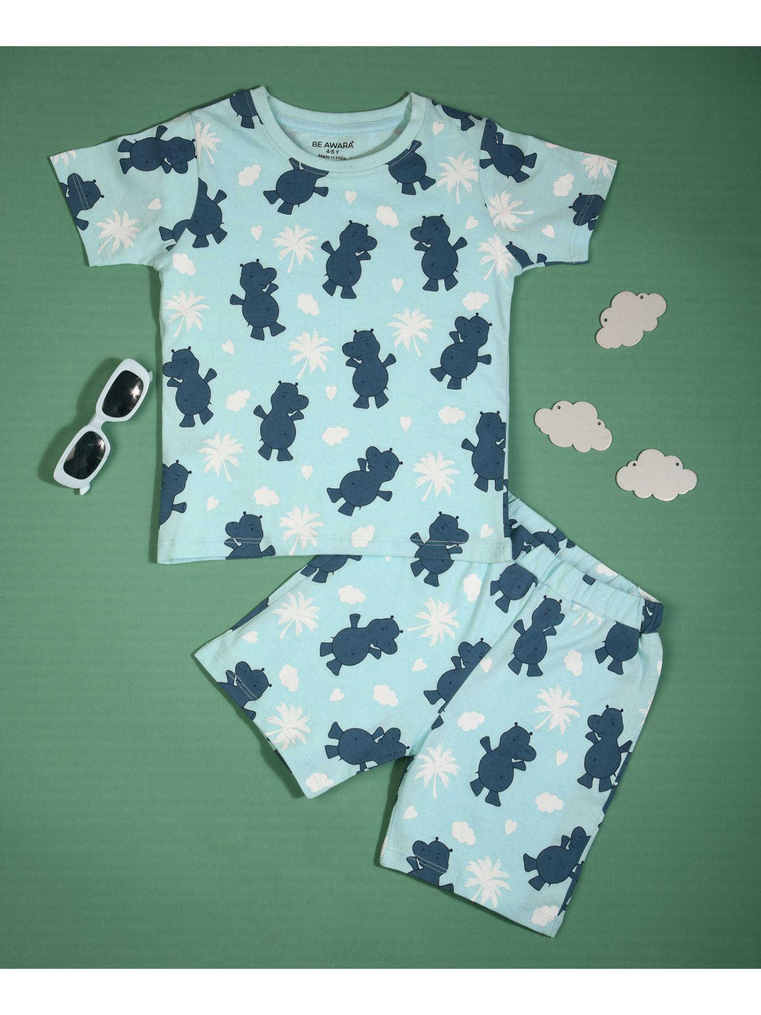 half sleeves cotton t-shirt & shorts hippo print light blue (set of 2)