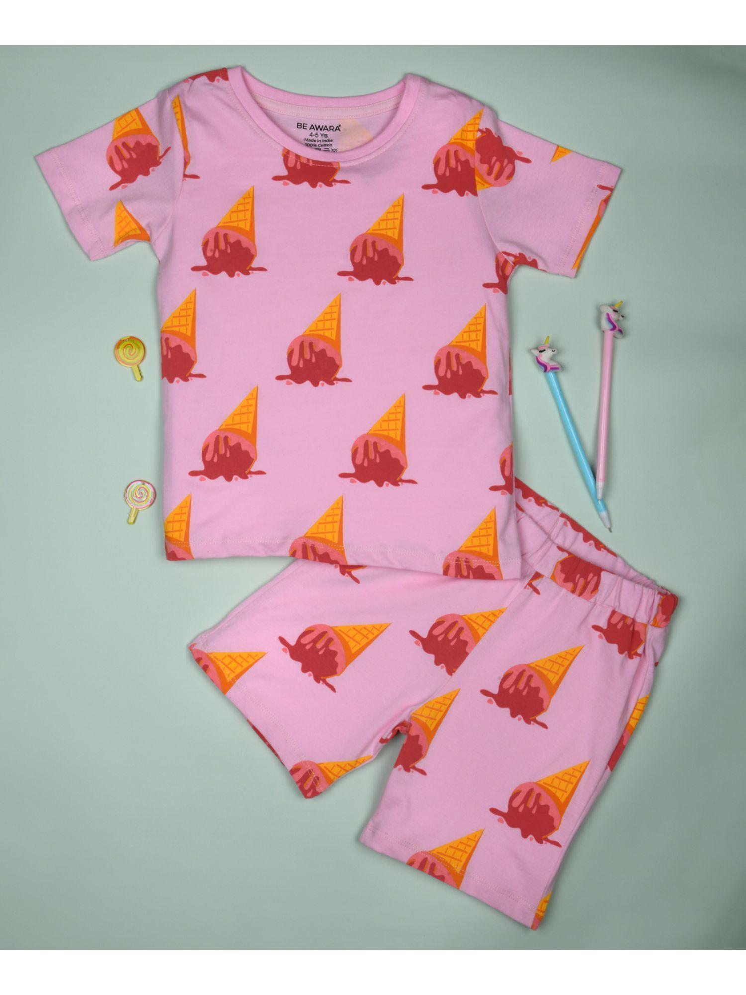 half sleeves cotton t-shirt & shorts ice cream print pink (set of 2)