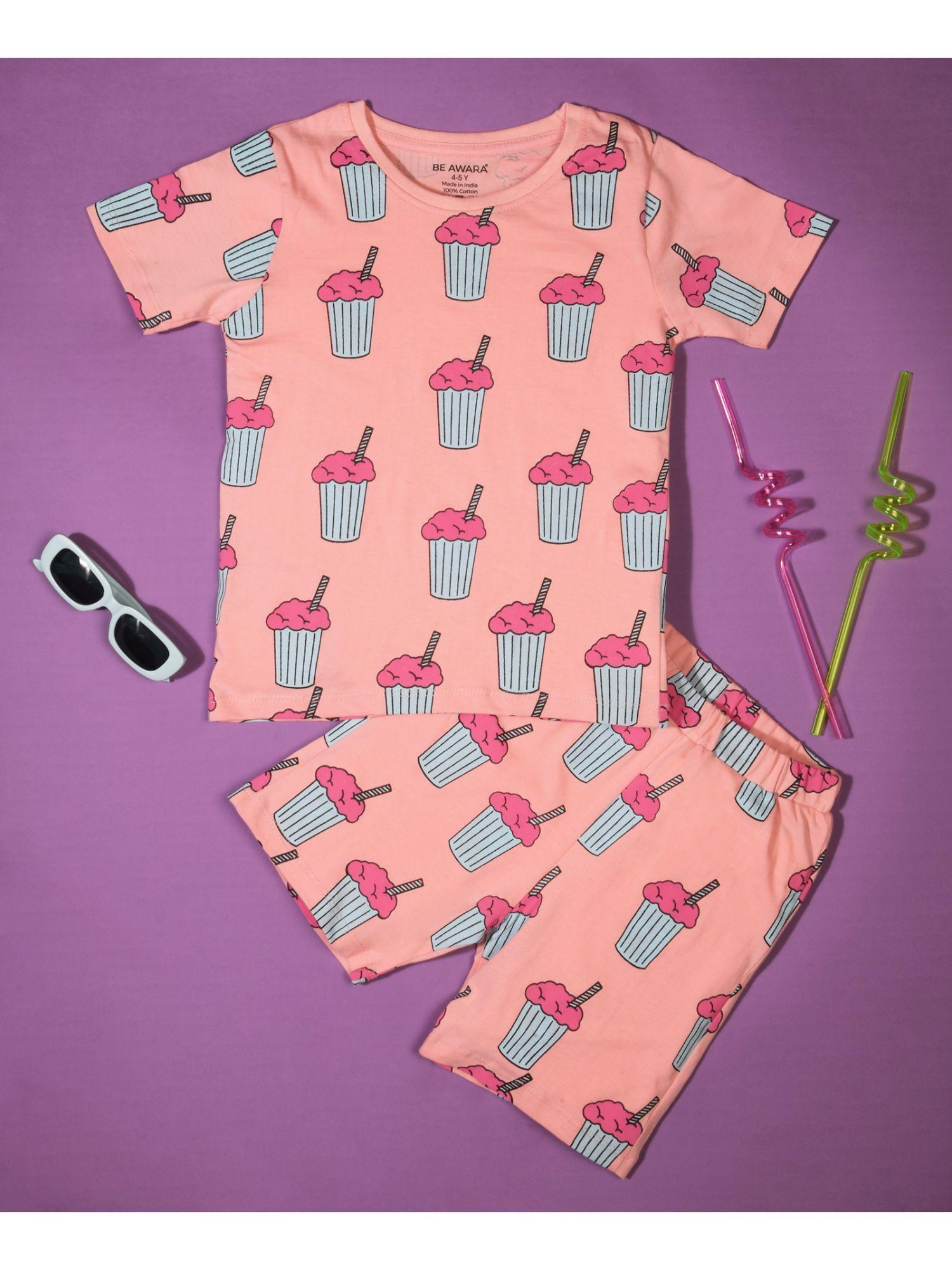 half sleeves cotton t-shirt & shorts milkshake print pink (set of 2)