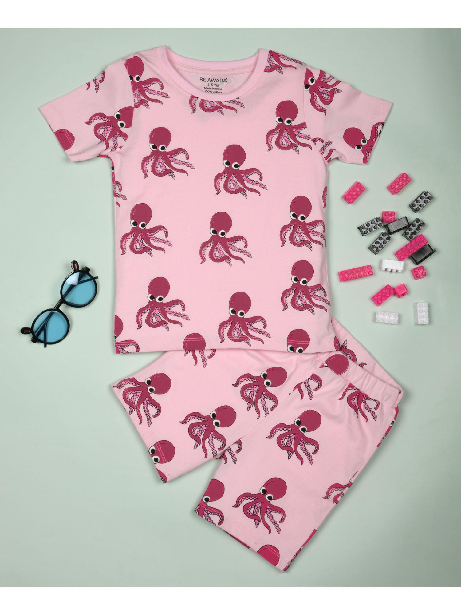 half sleeves cotton t-shirt & shorts octopus print pink (set of 2)