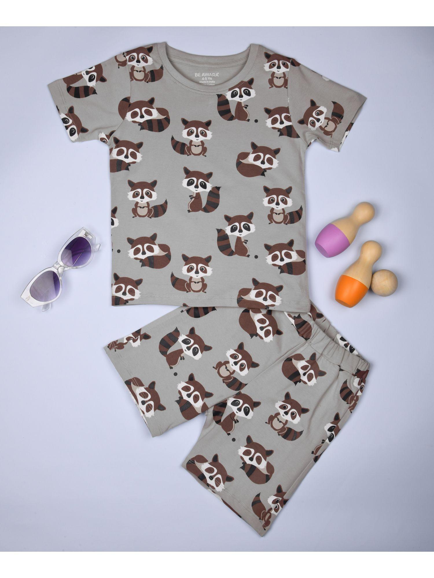 half sleeves cotton t-shirt & shorts racoon print grey (set of 2)